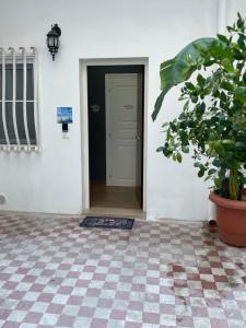 塔兰托B&B Miramare Suite Borgo的走廊上设有门和盆栽