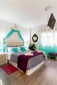 格拉纳达My Granada Garden - Mimosa studio的一间卧室设有一张大床,配有电视