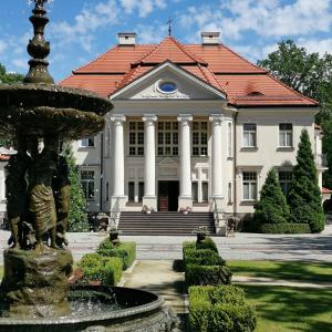 卡利什Pałac Tłokinia的一座大型建筑,前面有一个喷泉