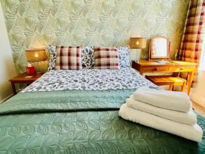 朴次茅斯Clive Crest house的一间卧室配有一张带两盏灯和镜子的绿色床。