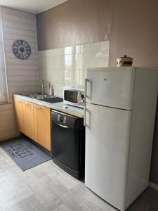 马翁普拉日堡APPARTEMENT 4 PERSONNES CLASSE 2 ETOILES LEBOUCQ Laurent的厨房配有白色冰箱和水槽