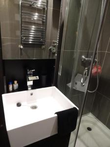 戛纳Superbe Studio in Cannes 450m sea & parking的浴室配有白色水槽和淋浴。