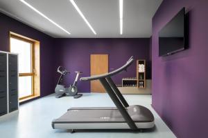 格勒诺布尔格勒诺布尔赫哲花园奥科酒店的健身房设有跑步机和紫色墙壁