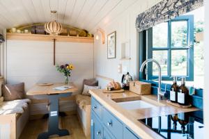 朗塞斯顿Boutique Cornish Shepherd's Hut with Hot Tub的厨房配有蓝色橱柜、水槽和窗户。