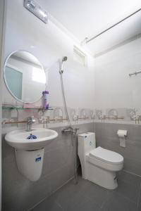 芽庄Nhà đầy nắng homestay的一间带水槽、卫生间和镜子的浴室