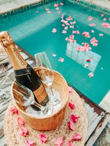 福塔莱萨Malai Boutique Hotel的在游泳池旁的桶里喝一瓶香槟