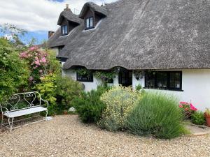 伍尔The Cottage Studio的白色的房子,有茅草屋顶和长凳