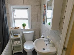 伦敦Entire 4 bedroom Terrace house in London的一间带卫生间、水槽和窗户的浴室
