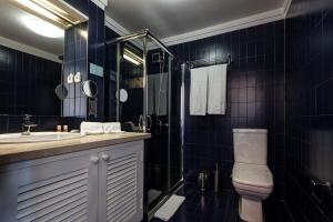 欧瓦蓝色酒店的蓝色瓷砖浴室设有卫生间和水槽