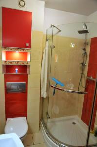 格丁尼亚Apartament pod limbą的带淋浴、卫生间和盥洗盆的浴室