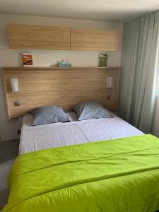 纳博讷Mobil Home - Camping La Falaise的一间卧室配有一张带绿毯的床