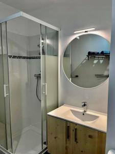 德朗西Superbe studio lumineux haut de gamme tout confort的浴室配有盥洗盆和带镜子的淋浴
