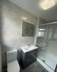 利明顿温泉Lovely 1 bed ground floor flat in Leamington Spa的浴室配有卫生间、盥洗盆和淋浴。