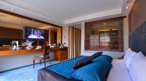 伊斯坦布尔Pera Tulip Hotel & Spa - Taksim Pera的一间卧室配有一张床、一张书桌和一台电视