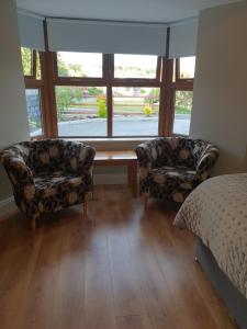 布拉尼Beechwood Lodge的一间卧室配有两把椅子、一张床和窗户