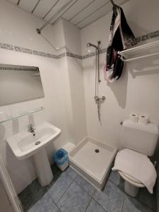 卢尔德Hôtel Marquette的白色的浴室设有水槽和卫生间。