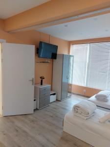 PopovoGazi的一间卧室配有两张床和一台平面电视