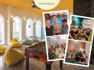 雅加达Wonderloft Hostel Kota Tua的一张桌子上的照片拼在一起