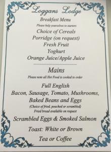 海尔Loggans Lodge的一份包含各种食物的餐厅菜单