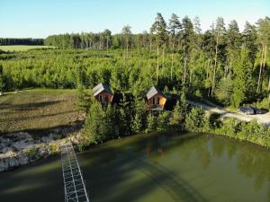 珀尔瓦Metsjärve mini puhkemaja的享有湖泊的空中景致,设有小屋