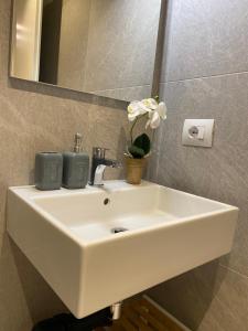 地拉那Living Studio Apartments的浴室设有白色水槽和镜子