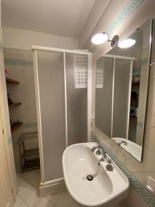 奥尔贝泰洛da nico的一间带水槽、淋浴和镜子的浴室