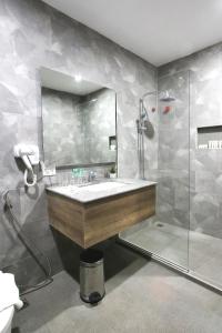 奥尔莫克Carlosta Hotel的一间带水槽和淋浴的浴室