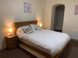 艾茅斯Cutty Sark Inn的一间卧室配有一张带两个枕头和两个灯的床。