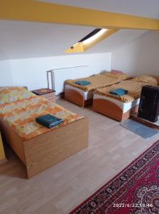 斯派特克维瑟Gospodarstwo Agroturystyczne U Stasików的带三张床和地毯的房间