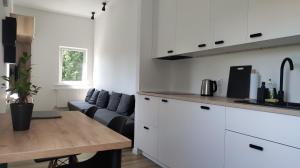 索波特Studio 4 Piętro II的厨房以及带桌子和沙发的客厅。
