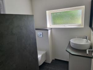 阿森斯Agermosegaard的一间带水槽和卫生间的浴室以及窗户。