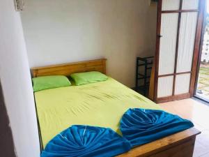 WattegamaNew Elkaduwa LOFT Hotel的一间卧室配有一张带绿色枕头的床和一扇窗户