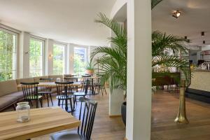 慕尼黑Parkhotel Obermenzing的一间设有桌椅的餐厅,种植了植物