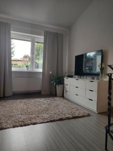 波兹南Christiana Andersena - apartamenty的一间带电视和大窗户的客厅