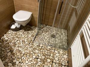罗塞姆Les Pommiers - Chambres d'hôtes的浴室设有卫生间和马赛克地板。