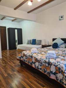巴洛泰什蒂Luca's House ( aeroport Henry Coanda, Therme Bucuresti)的一间卧室设有两张床,铺有木地板