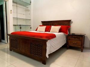 圣多明各Room in Condo - Malecon Premium Rooms的一间卧室配有一张带红色枕头的大床
