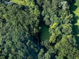 朗热Domaine du Val Sauvage的森林中河流的空中景观