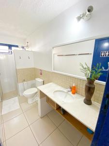 瓜拉派瑞Hostel Villa Virtudes的一间带水槽、卫生间和镜子的浴室