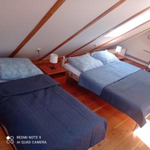 ČernínyChata Vidlák的阁楼间配有两张床铺和蓝色毯子