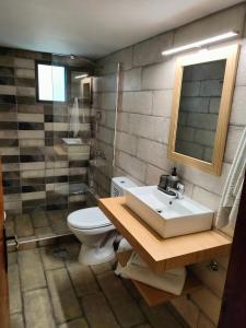 卡拉莫斯Armonia & Anemos Family Apartments的一间带水槽、卫生间和镜子的浴室