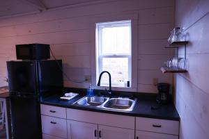 洛根Avenwood Cabins的厨房配有水槽和黑冰箱。