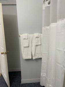 Grande-DigueMy Cozy Apartment Cottage的浴室的墙壁上挂着白色毛巾