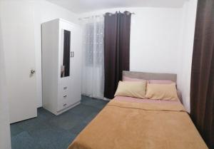 武端市Eurich Furnished Unit 2的一间卧室配有一张床、梳妆台和镜子