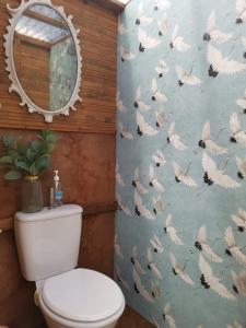 东迪勒姆Ashcroft Glamping的浴室设有卫生间和鸟壁纸