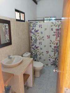 圣贝尔纳多德尔比恩托El ensueño的一间带卫生间和淋浴帘的浴室