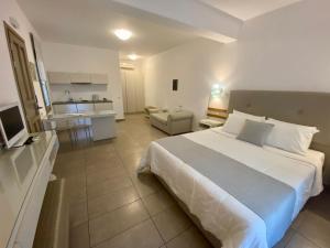 圣爱奥尼斯米科诺斯斯派罗斯&弗洛拉力托斯酒店的一间带白色大床的卧室和一间厨房