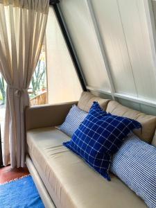 IndependenciaSalto Suizo Parque Ecologico的靠窗前的沙发,带蓝色枕头