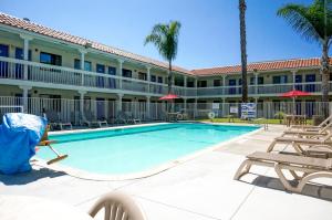 卡尔斯巴德卡尔斯巴德海滩第6汽车旅馆的游泳池位于酒店前方,拥有椅子和棕榈树