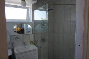 凯尔德拉Sireli külaliskorter Kärdlas的带淋浴、盥洗盆和镜子的浴室